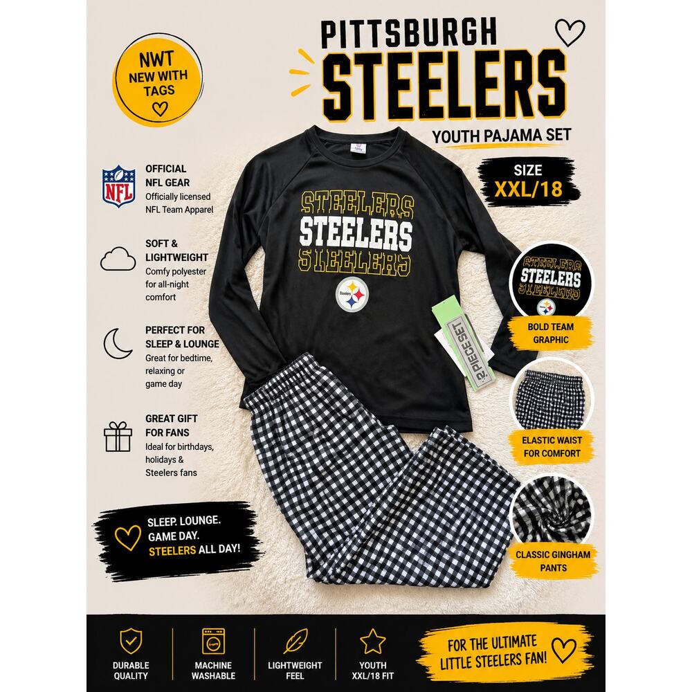 NFL Pittsburgh Steelers Youth XXL 18 Pajama Set NWT Black Gingham